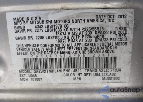 2014 Mitsubishi Outlander Sport Es from USA, damaged, VIN 4A4AP3AUXEE012341